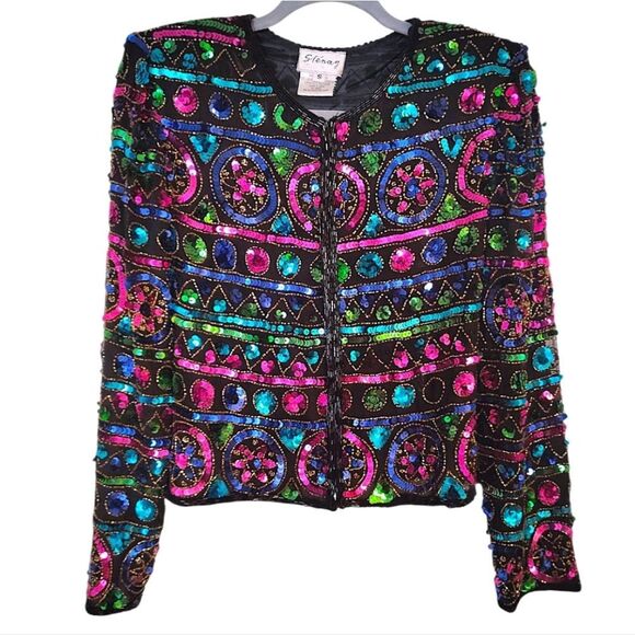 VTG 80s Stenay Black Colorful Sequins Beaded Silk Formal Disco Jacket Small - Picture 1 of 15